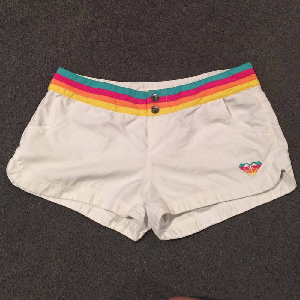 Roxy White Swim Shorts with Teal, Pink & Yellow Waistband